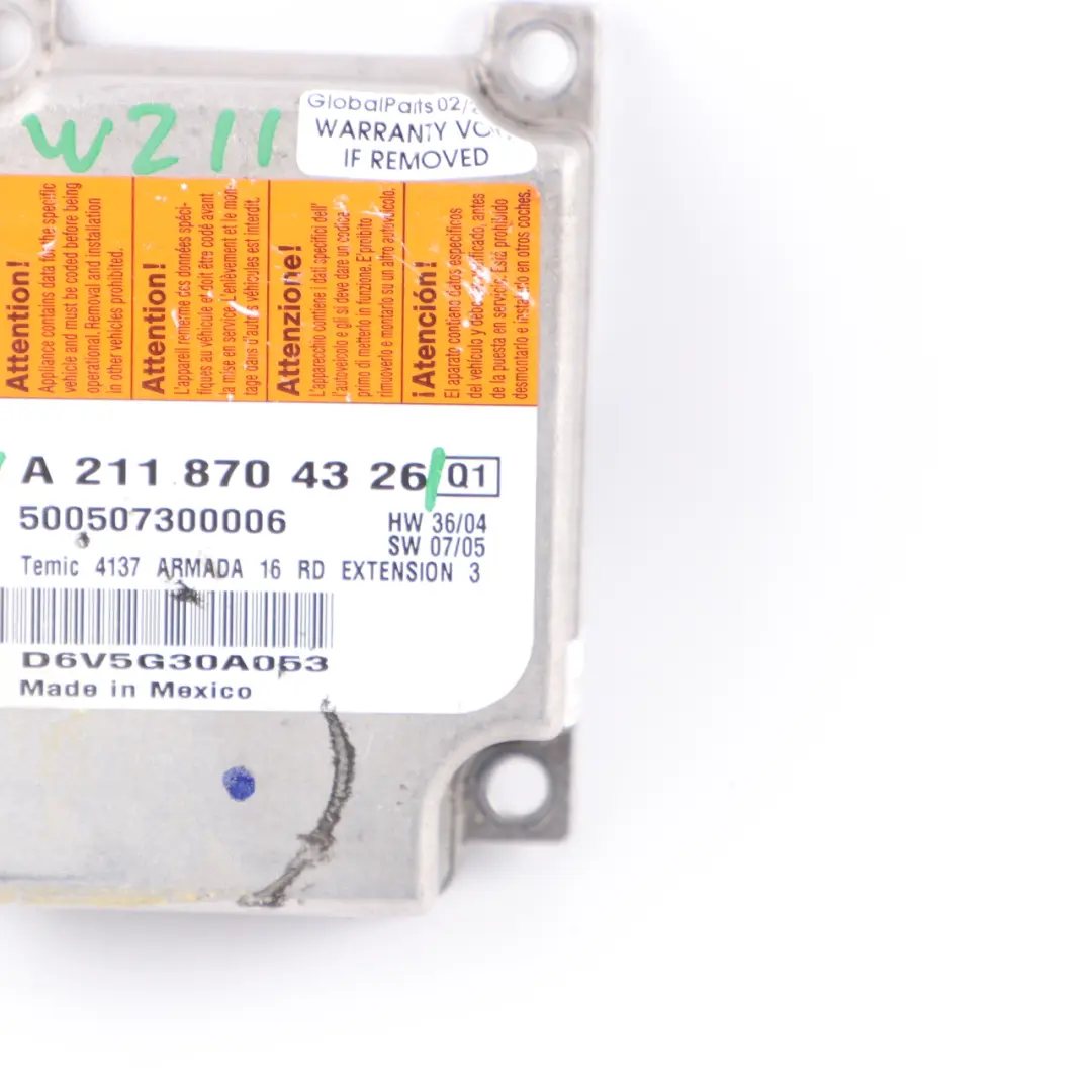 Module Mercedes W211 CLS C219 SRS Control Unit ECU to Air with Part number A2118704326 Air Module Mercedes W211 CLS C219 SRS Control Unit ECU - SKU A2118704326 - Part number A2118704326