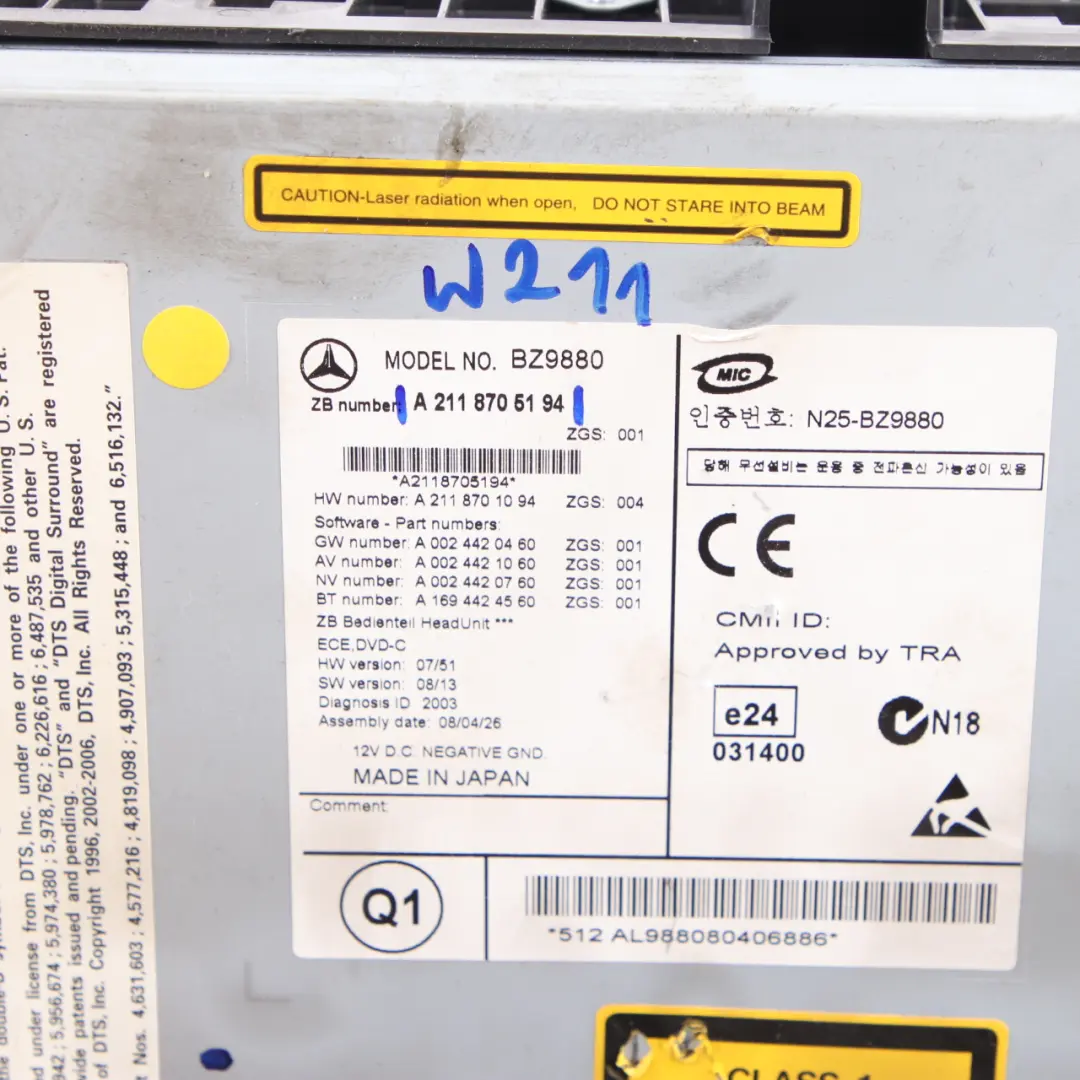 Mercedes W211 C219 CD Media Player Radio COMAND Head Unit - SKU A2118705194 - Part number A2118705194