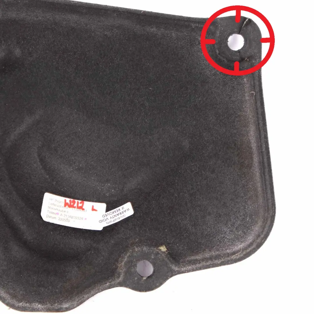 Hood Insulation Left N/S Bonnet Dampening to Mercedes W212 Engine with Part number A2126820326 Mercedes W212 Engine Hood Insulation Left N/S Bonnet Dampening - SKU A2126820326 - Part number A2126820326