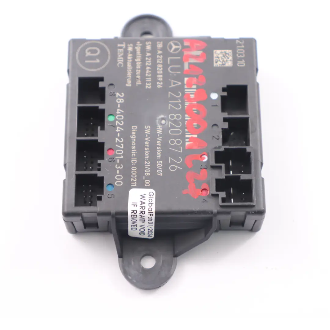 Modulo Porta Posteriore Sinistra Centralina ECU per Mercedes W212 con numero di parte A2128208726 Mercedes W212 Modulo Porta Posteriore Sinistra Centralina ECU - SKU A2128208726 - Numero di parte A2128208726