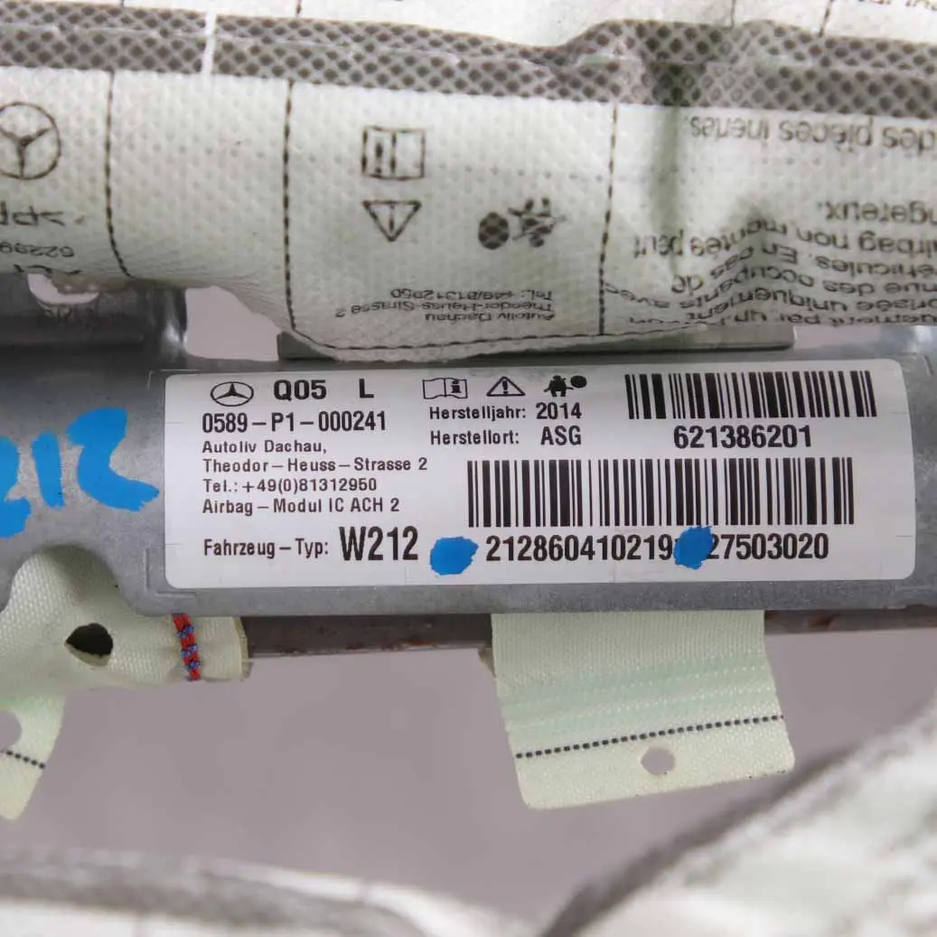 Toit Rideau Tête Airbag SRS Gauche pour Mercedes W212 à propos du numéro de pièce A2128604102 Mercedes W212 Toit Rideau Tête Airbag SRS Gauche - SKU A2128604102 - Numéro de pièce A2128604102