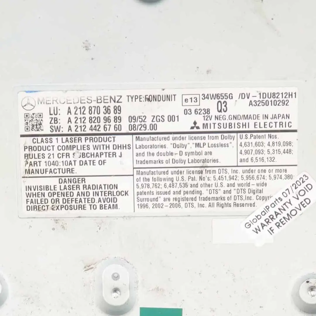 DVD Entertainment System Video Player Unit Mercedes W212 W221 Rear - SKU A2128703689 - Part number A2128703689