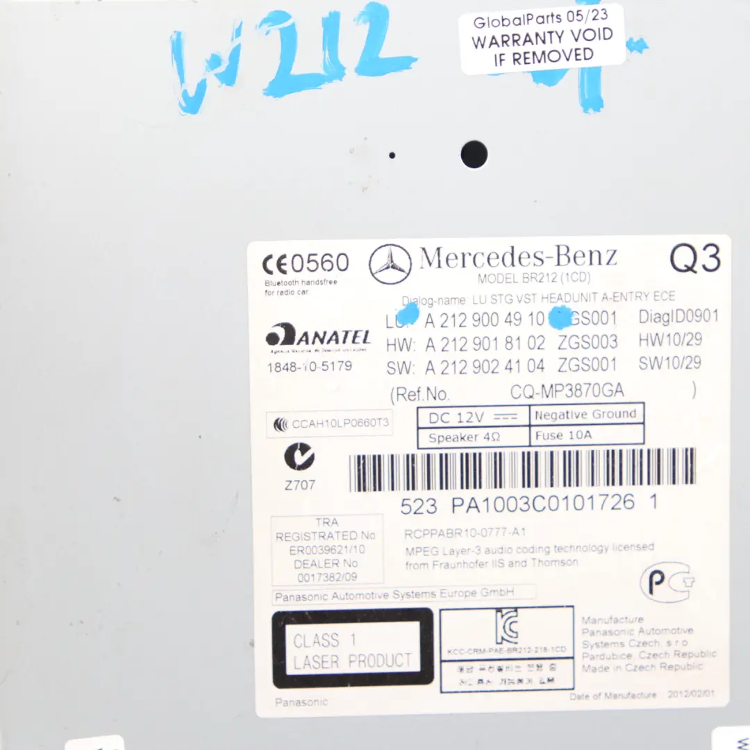 Radio Head Unit Mercedes W212 CD Audio Player Head Control Unit to  with Part number A2129004910  Radio Head Unit Mercedes W212 CD Audio Player Head Control Unit - SKU A2129004910 - Part number A2129004910