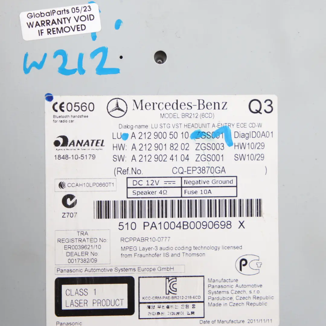 Mercedes W212 Audio CD Player Audio Stereo Radio Head Unit - SKU A2129005010-1 - Part number A2129005010