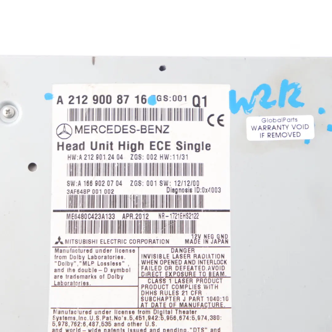  Radio Head Unit Mercedes W212 COMAND Navi CD DVD Player Navigation - SKU A2129008716 - Part number A2129008716