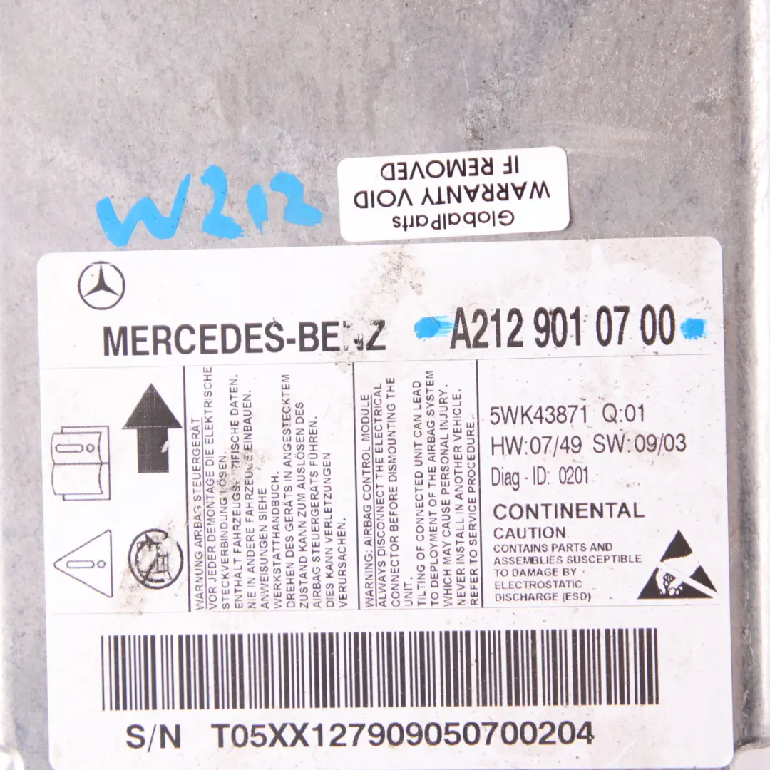 Mercedes W212 ECU Steuergerät Sensor Modul Airbag - SKU A2129010700 - Teilenummer A2129010700
