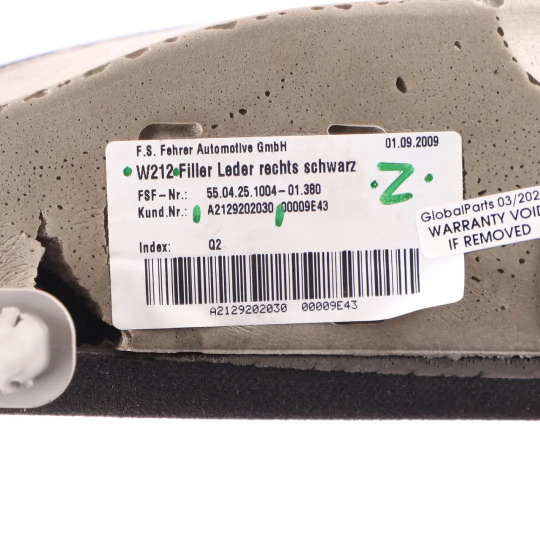 Sedán Panel Lateral Asiento Trasero Derecho Negro Cuero para Mercedes W212 con número de pieza A2129202030 Mercedes W212 Sedán Panel Lateral Asiento Trasero Derecho Negro Cuero - SKU A2129202030 - Número de pieza A2129202030