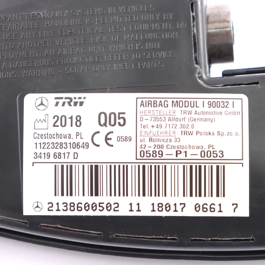 Module d'airbag latéral du siège avant gauche pour Mercedes X253 à propos du numéro de pièce A2138600502 Mercedes X253 Module d'airbag latéral du siège avant gauche - SKU a2138600502 - Numéro de pièce A2138600502