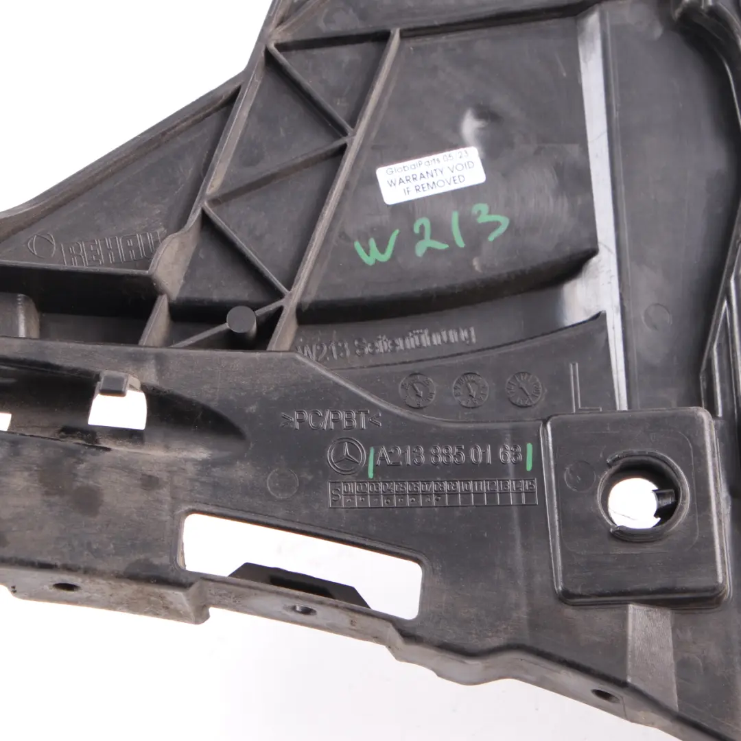 Guide Bumper Side Left N/S Mount Bracket Support to Mercedes W213 Rear with Part number A2138850163 Mercedes W213 Rear Guide Bumper Side Left N/S Mount Bracket Support - SKU A2138850163 - Part number A2138850163