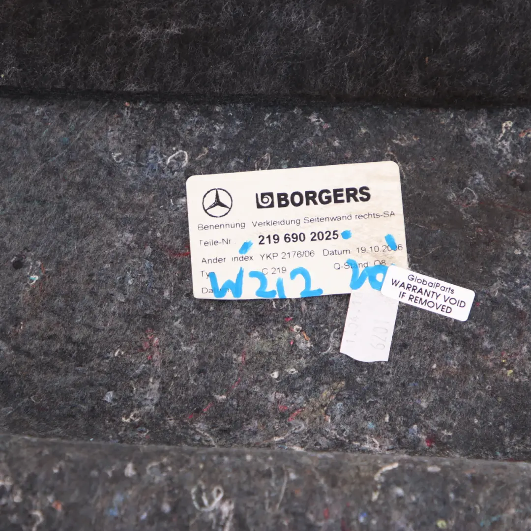 W219 Boot Trunk Luggage Right O/S Lateral Trim Panel Cover to Mercedes with Part number A2196902025 Mercedes W219 Boot Trunk Luggage Right O/S Lateral Trim Panel Cover - SKU A2196902025 - Part number A2196902025