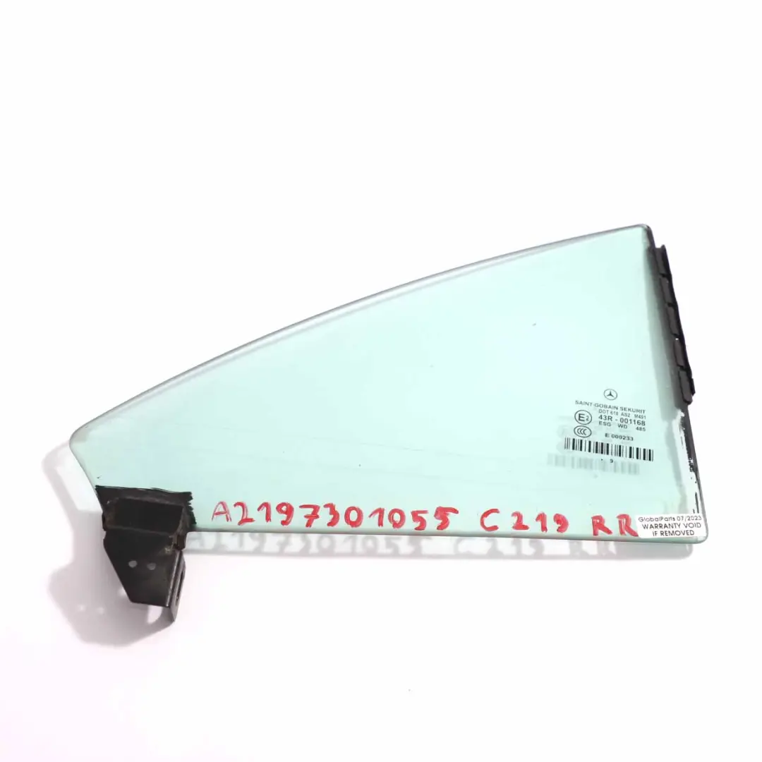 Window Glass Rear Door Right O/S Quarter Green AS2 to Mercedes C219 with Part number A2197301055 Mercedes C219 Window Glass Rear Door Right O/S Quarter Green AS2 - SKU A2197301055 - Part number A2197301055