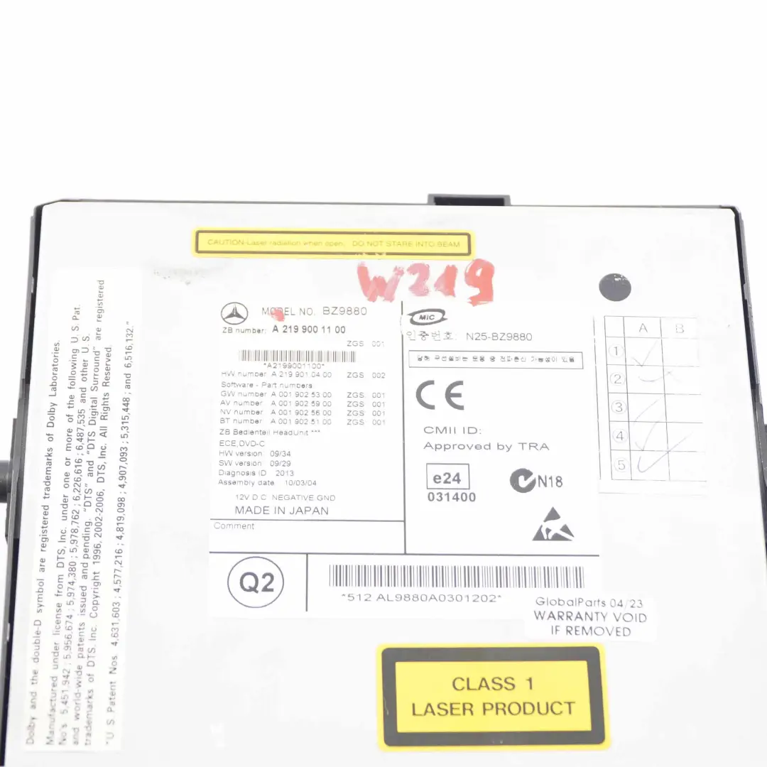 Mercedes W219 Unidad principal COMAND CD Radio Audio Navi - SKU A2199001100 - Número de pieza A2199001100