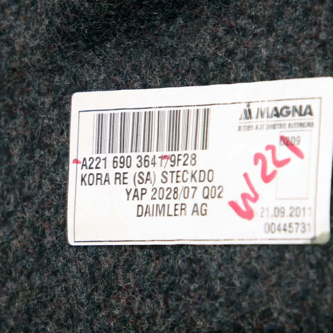 Mercedes-Benz S W221 Trunk Boot Side Trim Cover Panel Right O/S to with Part number A2216903641 Mercedes-Benz S W221 Trunk Boot Side Trim Cover Panel Right O/S - SKU A2216903641 - Part number A2216903641