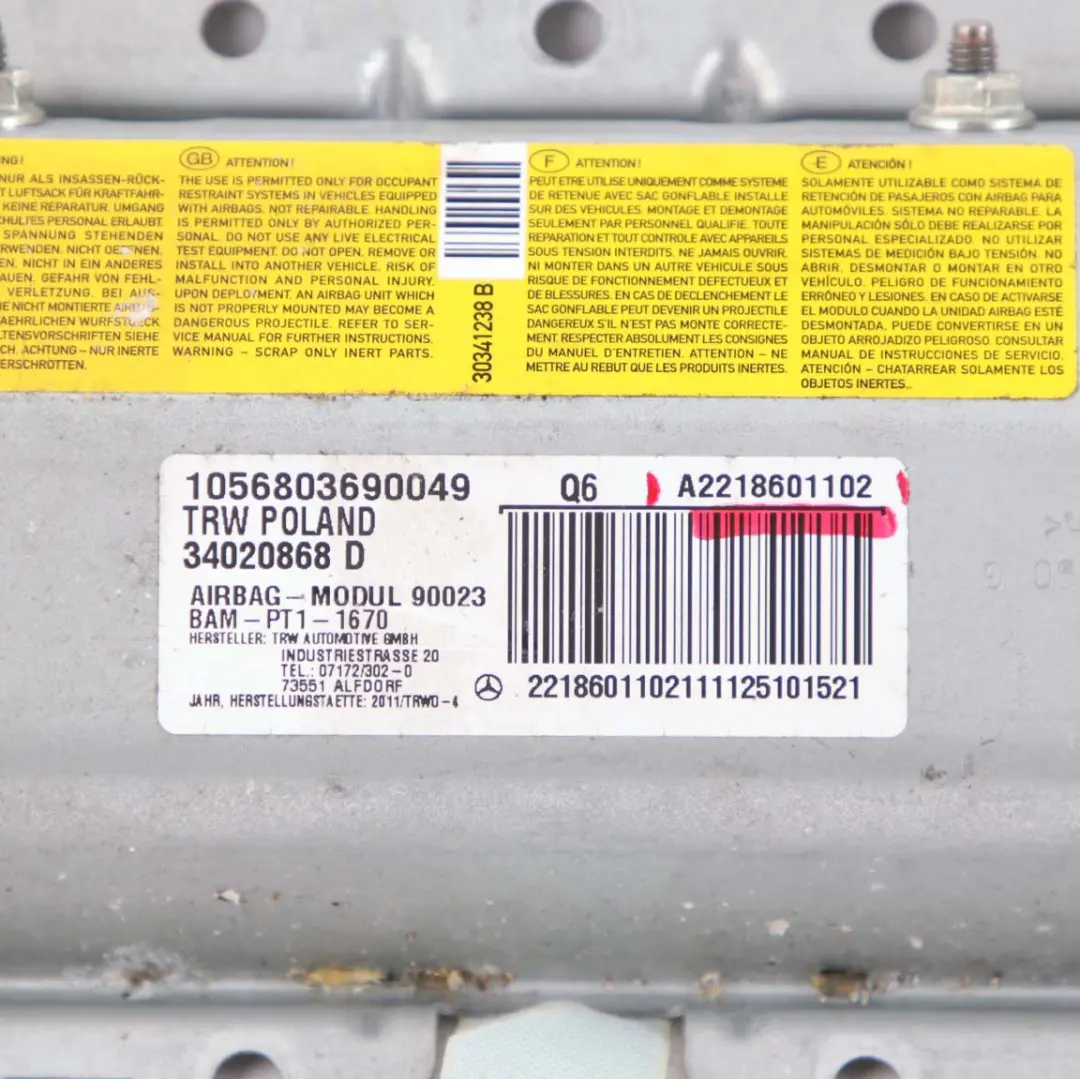 Mercedes-Benz S-Class W221 Driver's Side Front Dashboard Knee Airbag to with Part number A2218601102 Mercedes-Benz S-Class W221 Driver's Side Front Dashboard Knee Airbag - SKU A2218601102 - Part number A2218601102