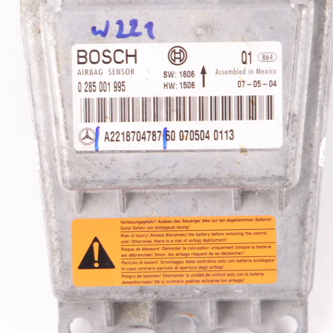 Airbag Module Control Unit SRS Sensor ECU Bosch to Mercedes W221 with Part number A2218704787 Mercedes W221 Airbag Module Control Unit SRS Sensor ECU Bosch - SKU A2218704787 - Part number A2218704787