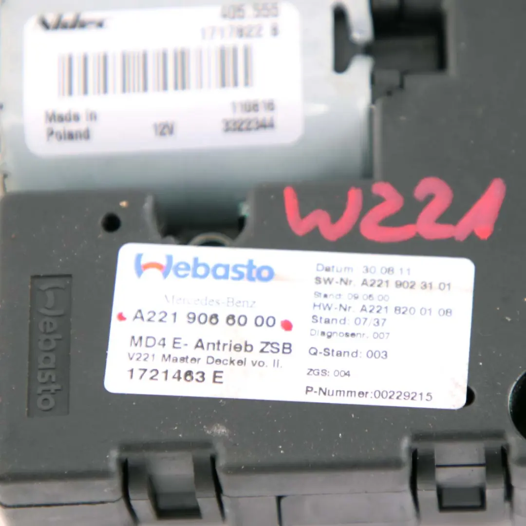 Mercedes W221 Unidad Techo Solar Motor Techo Solar Panorámico - SKU A2219066000 - Número de pieza A2219066000