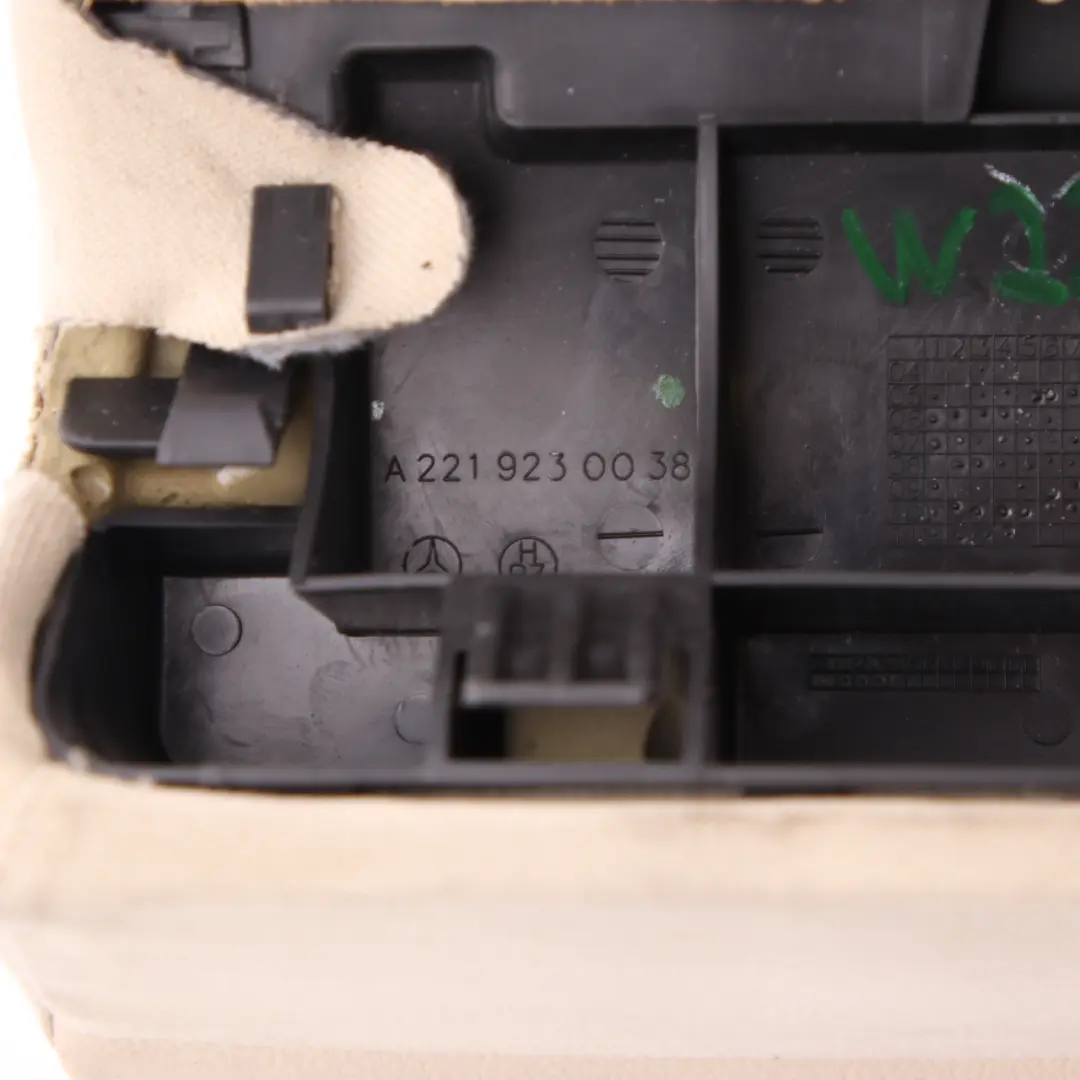 Bench Armrest Beige Leather Arm Rest Panel to Mercedes W221 Rear Seat with Part number A2219230038 Mercedes W221 Rear Seat Bench Armrest Beige Leather Arm Rest Panel - SKU A2219230038 - Part number A2219230038