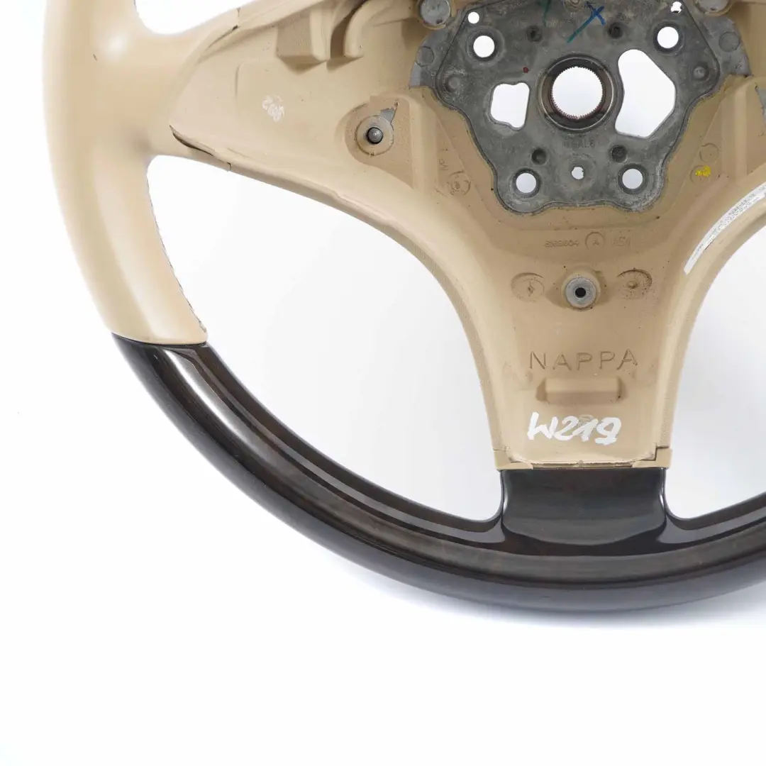 W219 CLS Beige Leather Steering Wheel Dark Walnut to Mercedes with Part number A2304602776 Mercedes W219 CLS Beige Leather Steering Wheel Dark Walnut - SKU A2304602776 - Part number A2304602776