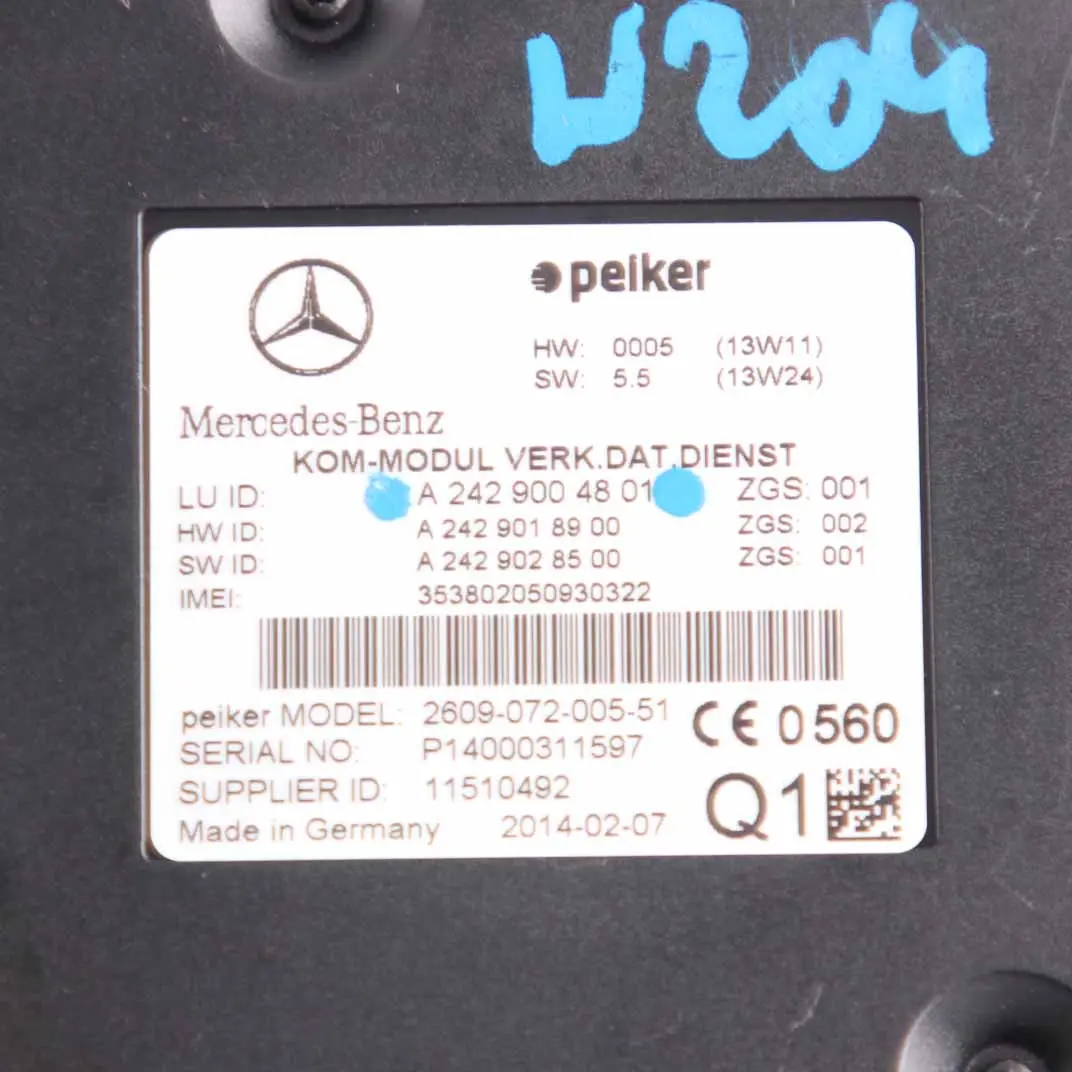 Modulo Unità Controllo Comunicazione Telematica per Mercedes W176 W204 con numero di parte A2059007123 Mercedes W176 W204 Modulo Unità Controllo Comunicazione Telematica - SKU A2429004801 - Numero di parte A2059007123