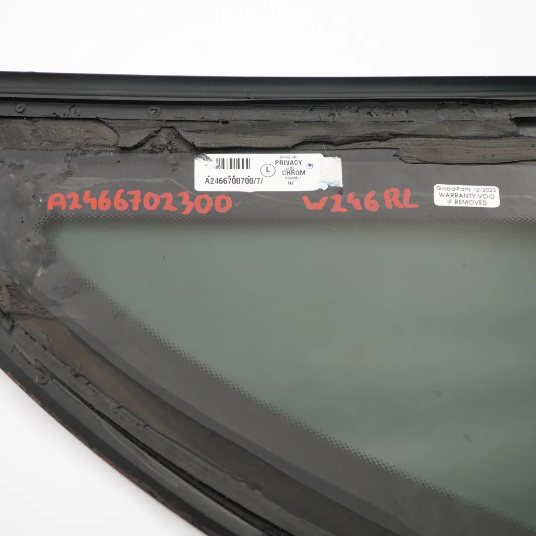 Quarter Side Window Glass Rear Left N/S Tinted to Mercedes W246 Coupe with Part number A2466702300 Mercedes W246 Coupe Quarter Side Window Glass Rear Left N/S Tinted - SKU A2466702300 - Part number A2466702300