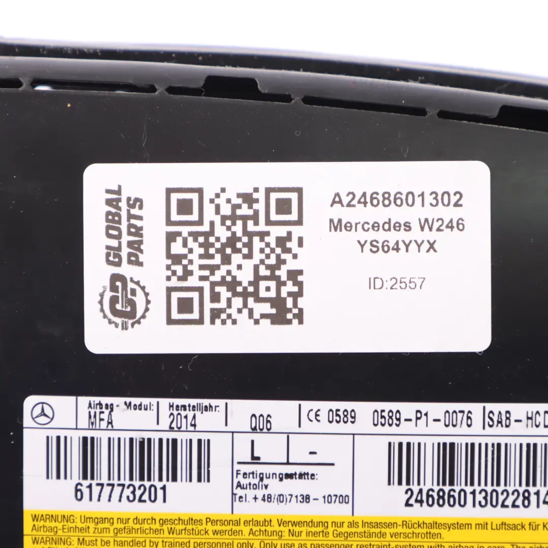 Asiento Lateral Módulo de Aire Delantero Izquierdo para Mercedes W246 con número de pieza A2468601302 Mercedes W246 Asiento Lateral Módulo de Aire Delantero Izquierdo - SKU A2468601302 - Número de pieza A2468601302