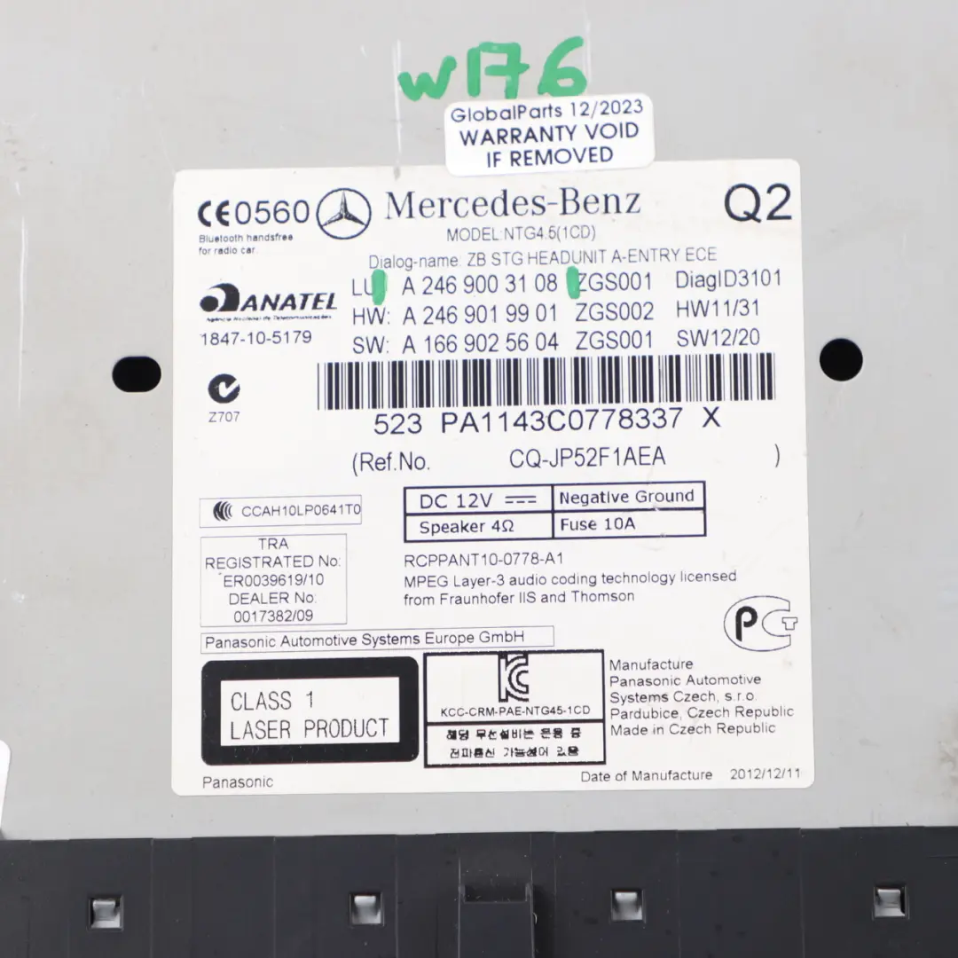  Radio Head Unit Mercedes W176 W246 COMAND Navi Player Control Unit - SKU A2469003108 - Part number A2469003108