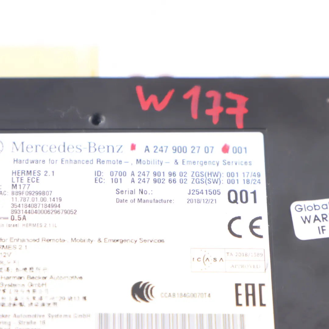 Communication Module Mercedes W177 W247 Hermes LTE Control Unit to with Part number A2479002707 Communication Module Mercedes W177 W247 Hermes LTE Control Unit - SKU A2479002707 - Part number A2479002707