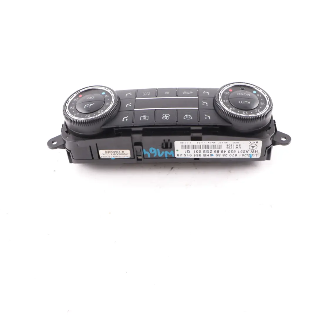 A/C Heater Climate Control Unit Switch Panel to Mercedes ML W164 with Part number A2518702889 Mercedes ML W164 A/C Heater Climate Control Unit Switch Panel - SKU A2518702889 - Part number A2518702889