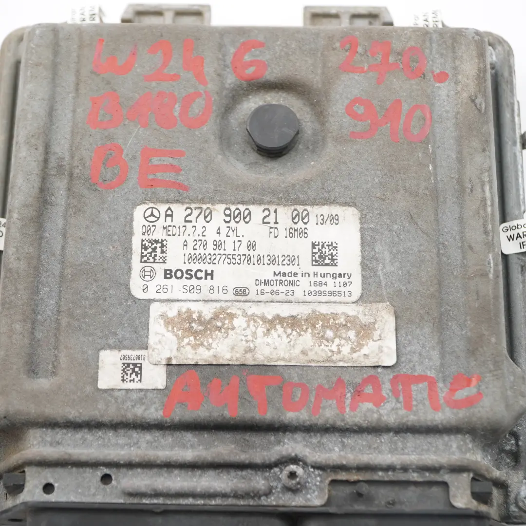 Mercedes W176 W246 A180 B180 BlueEFFICIENCY 270.910 122HP Engine ECU - SKU A2709002100 - Part number A2709002100