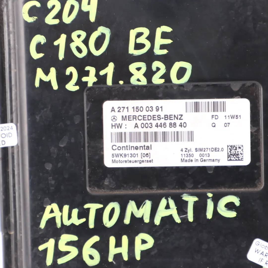 Mercedes W204 C180 M271.820 156HP Engine ECU Kit Key Lock Automatic - SKU A2711500391 - Part number A2711500391