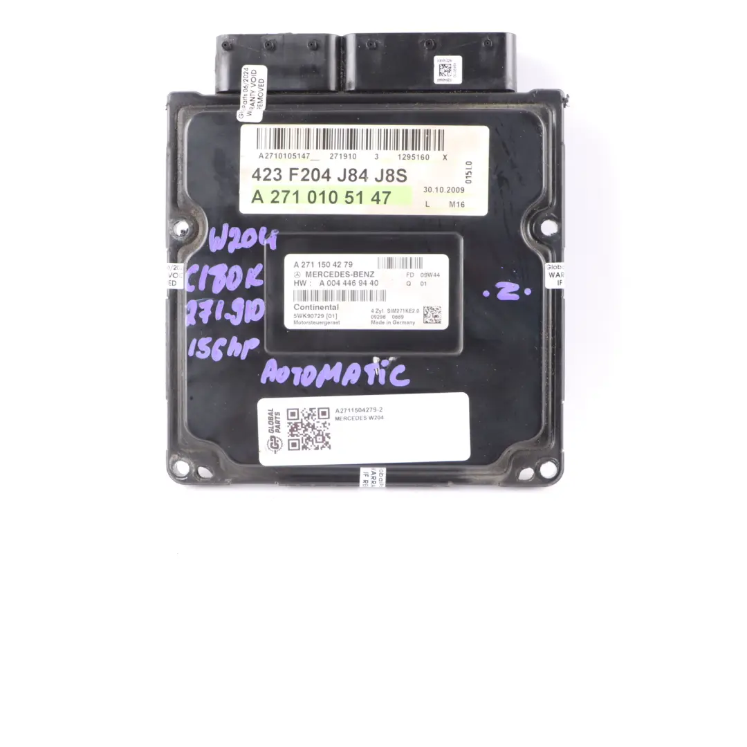 Mercedes W204 C180 156HP Kompressor 271.910 Engine ECU Kit Key Lock - SKU A2711504279-2 - Part number A2711504279
