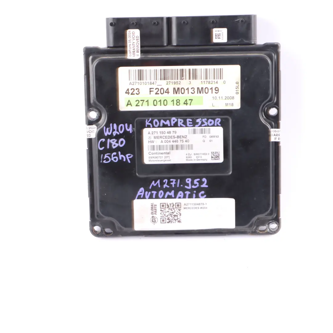 Mercedes W204 C180 Kompressor 271.952 156HP Engine ECU Kit Keys Lock - SKU A2711504879-1 - Part number A2711504879