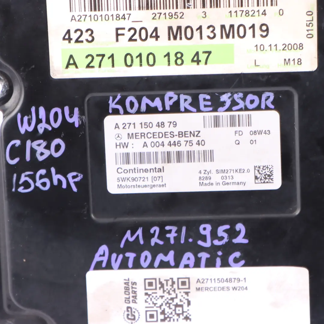 Mercedes W204 C180 Kompressor 271.952 156HP Engine ECU Kit Keys Lock - SKU A2711504879-1 - Part number A2711504879