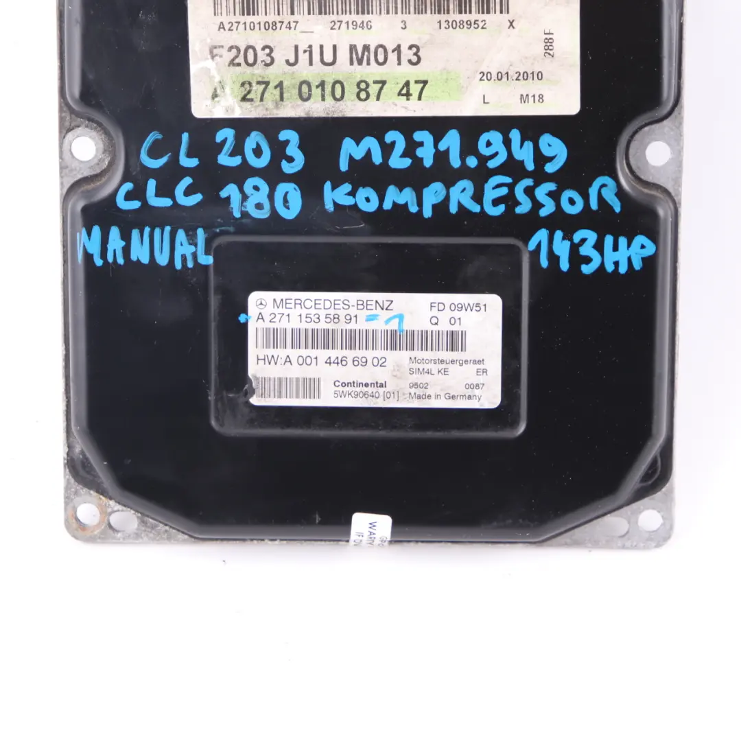 Mercedes CL203 CLC 180K 143HP M271.946 Engine Control ECU A2710108747 Manual - SKU A2711535891-1 - Part number A2711535891