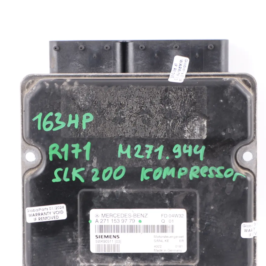 163HP M271.944 Kompressor Engine ECU Automatic to Mercedes R171 SLK 200 with Part number A2711539779 Mercedes R171 SLK 200 163HP M271.944 Kompressor Engine ECU Automatic - SKU A2711539779 - Part number A2711539779