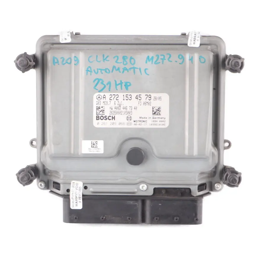 M272.940 CLK280 231HP Engine Module ECU Unit Automatic to Mercedes C209 with Part number A2721534579 Mercedes C209 M272.940 CLK280 231HP Engine Module ECU Unit Automatic - SKU A2721534579 - Part number A2721534579