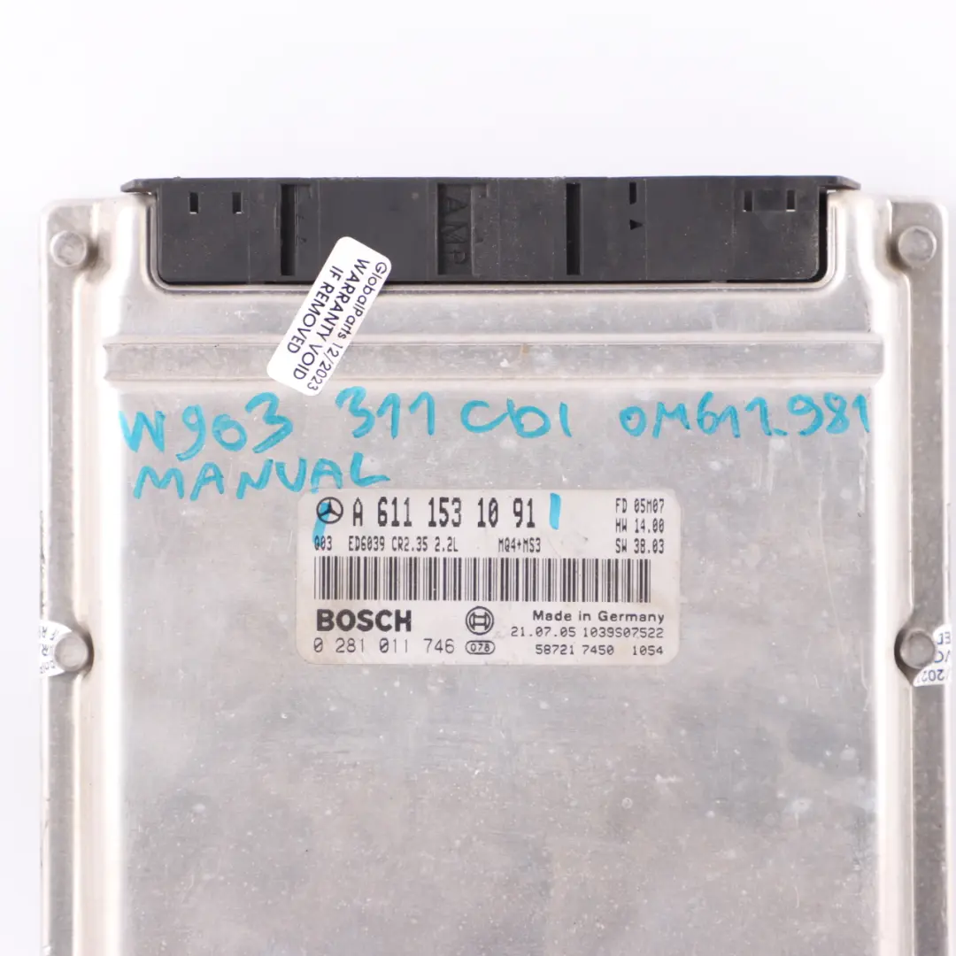 Mercedes Sprinter W903 311CDI OM611.981 109HP ECU Engine Unit Manual - SKU A6111531091 - Part number A6111531091