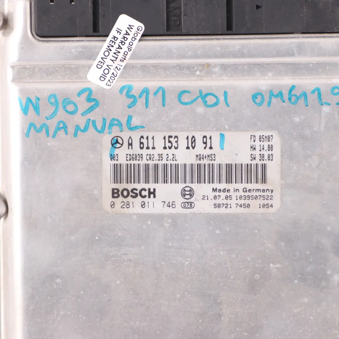Mercedes Sprinter W903 311CDI OM611.981 109HP ECU Engine Unit Manual - SKU A6111531091 - Part number A6111531091