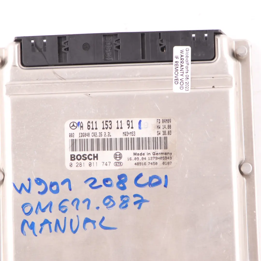 W901 OM611.987 82HP Engine Unit Module ECU Manual to Mercedes with Part number A6111531191 Mercedes W901 OM611.987 82HP Engine Unit Module ECU Manual - SKU A6111531191 - Part number A6111531191