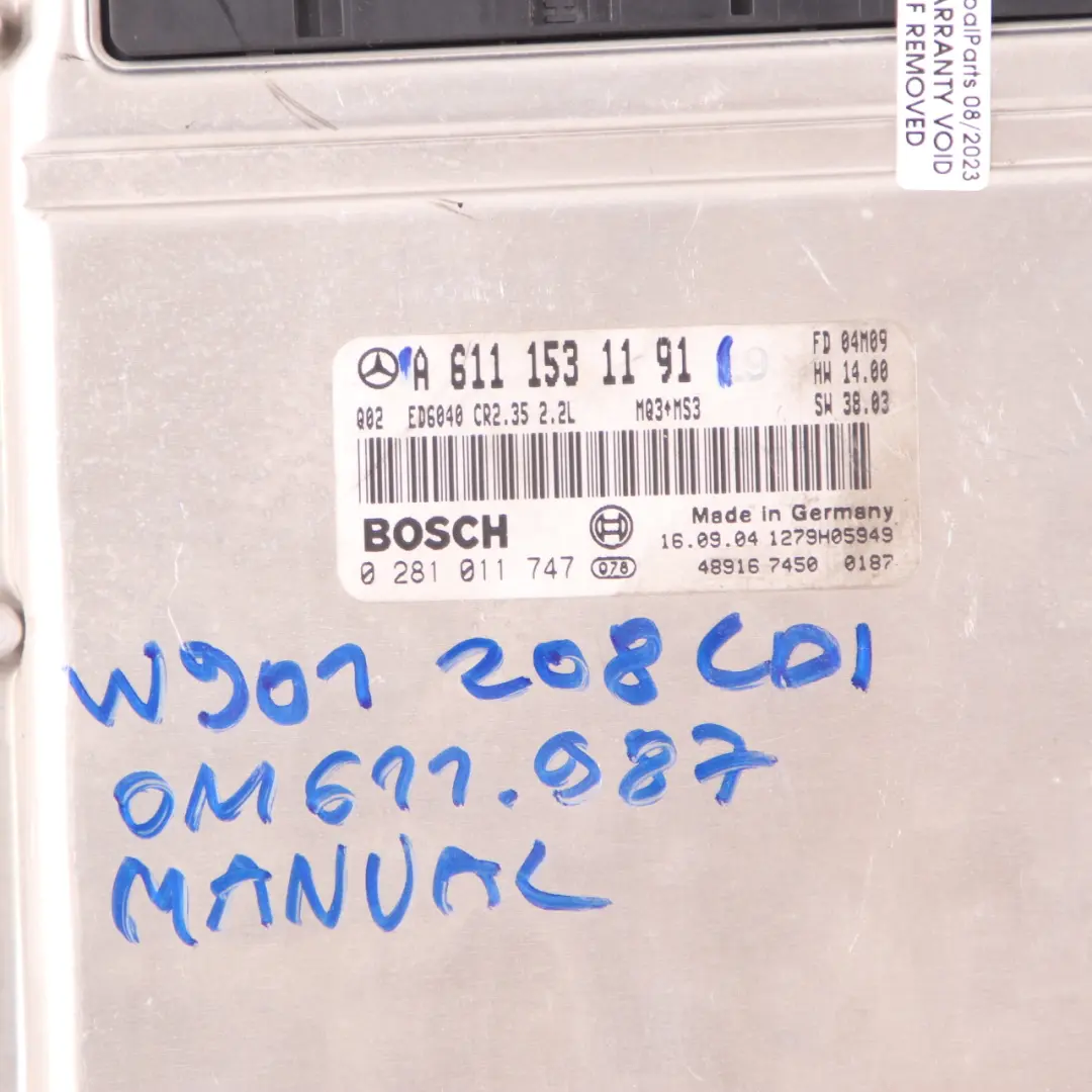 W901 OM611.987 82HP Engine Unit Module ECU Manual to Mercedes with Part number A6111531191 Mercedes W901 OM611.987 82HP Engine Unit Module ECU Manual - SKU A6111531191 - Part number A6111531191