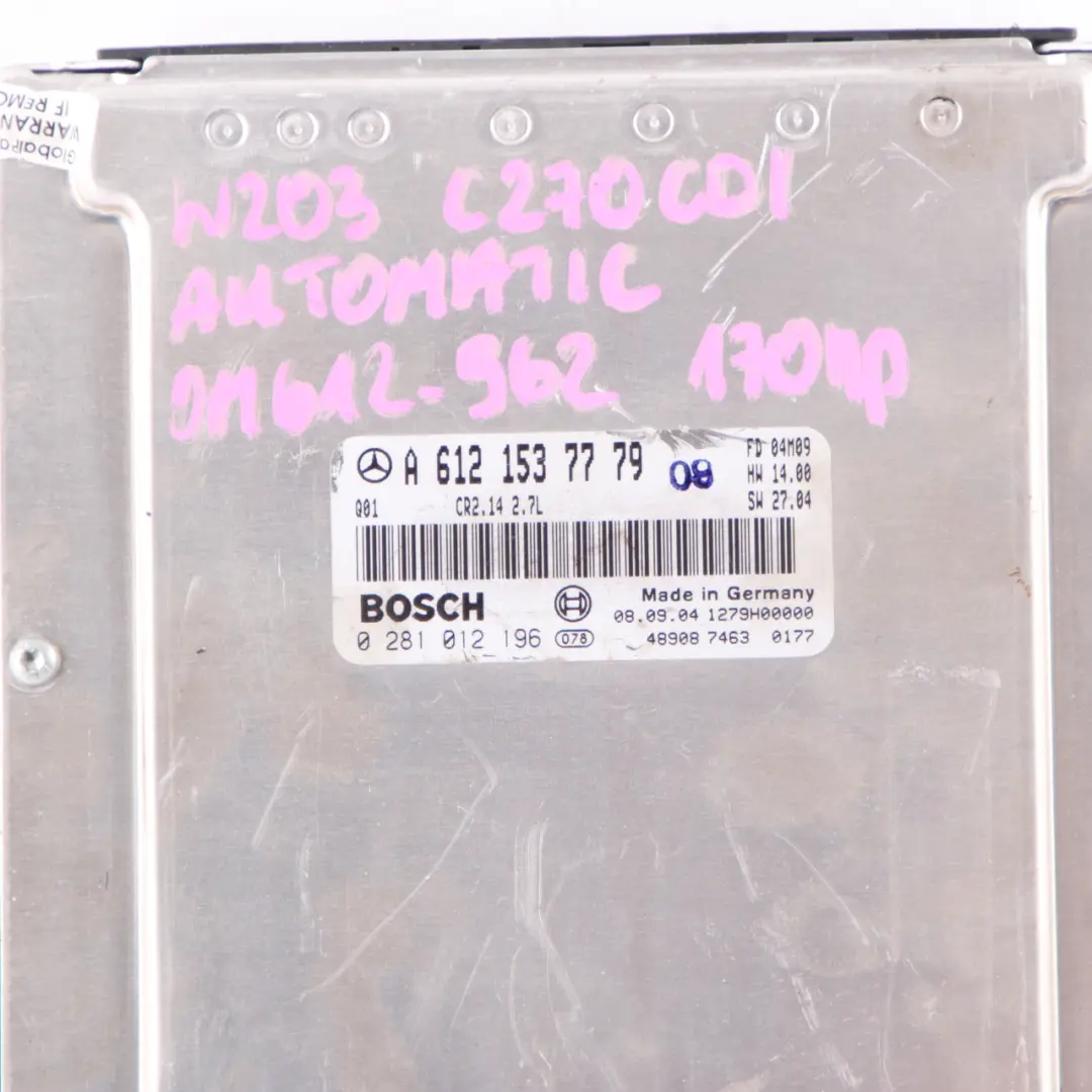 270CDI OM612.962 170HP Engine Unit ECU Automatic to Mercedes W203 W209 with Part number A6121537779 Mercedes W203 W209 270CDI OM612.962 170HP Engine Unit ECU Automatic - SKU A6121537779 - Part number A6121537779