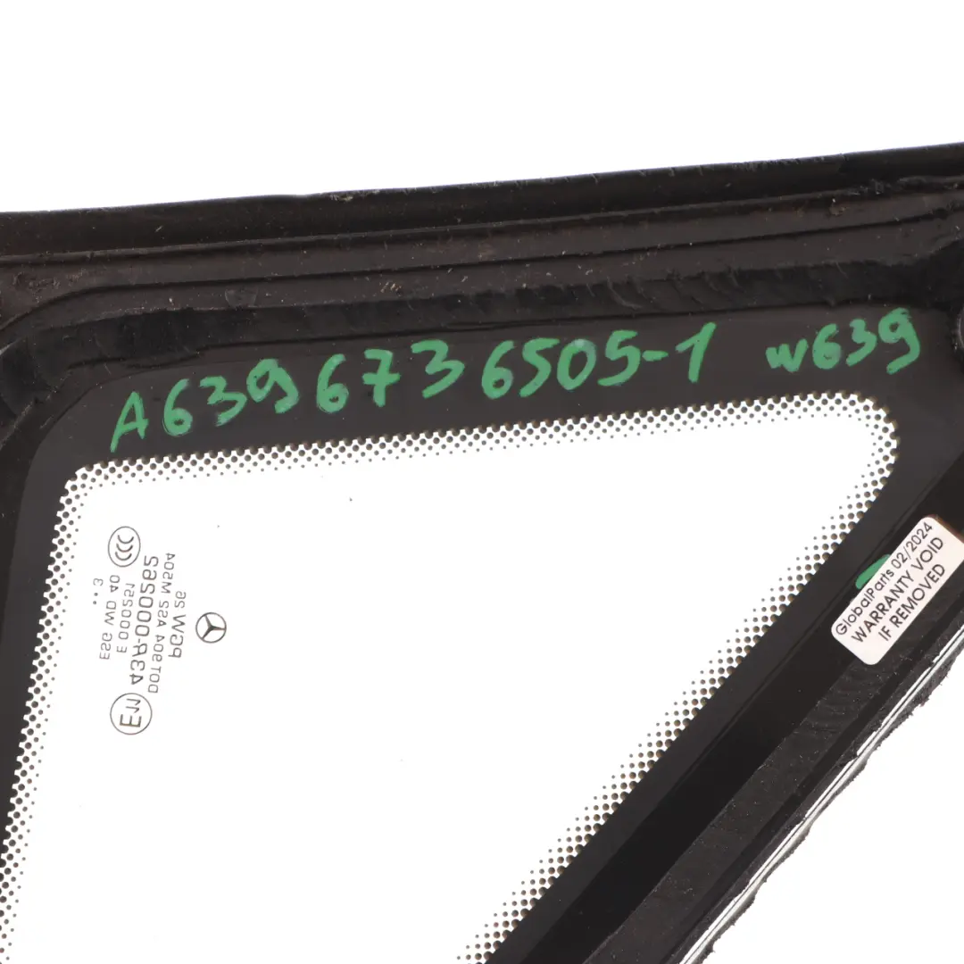 Side Quarter Window Mercedes Vito W639 Front Left N/S Triangle Glass Glazing AS2 to with Part number A6396736505 Side Quarter Window Mercedes Vito W639 Front Left N/S Triangle Glass Glazing AS2 - SKU A6396736505-1 - Part number A6396736505