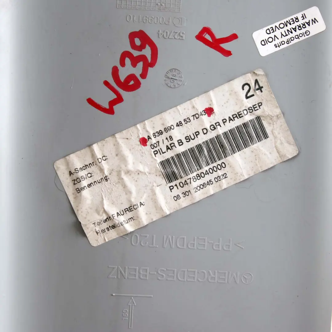 Mercedes Vito W639 Garniture Couvre Pilier B Supérieur Droit Gris - SKU A6396904853 - Numéro de pièce A6396904853