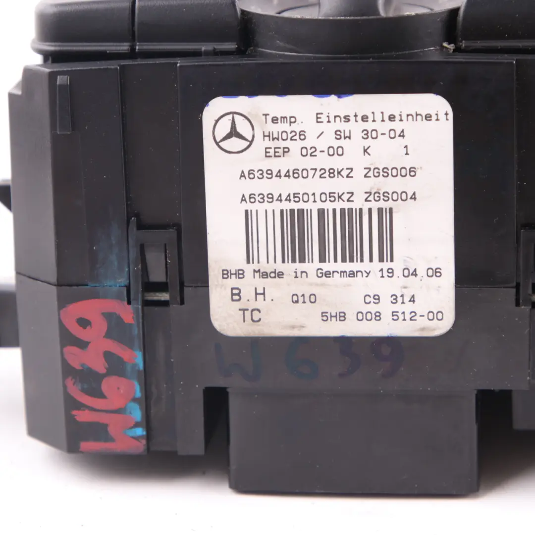 Mercedes Vito Viano W639 AC Climate Heater Control Unit Switch Panel A6394460728 - SKU A6398301985 - Part number A6398301985