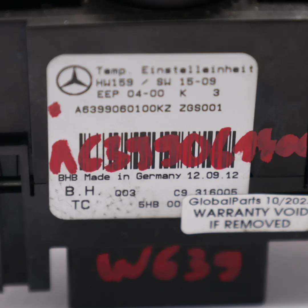 Mercedes Vito Viano W639 AC Climate Heater Control Unit Switch Panel - SKU A6399060100 - Part number A6399060100