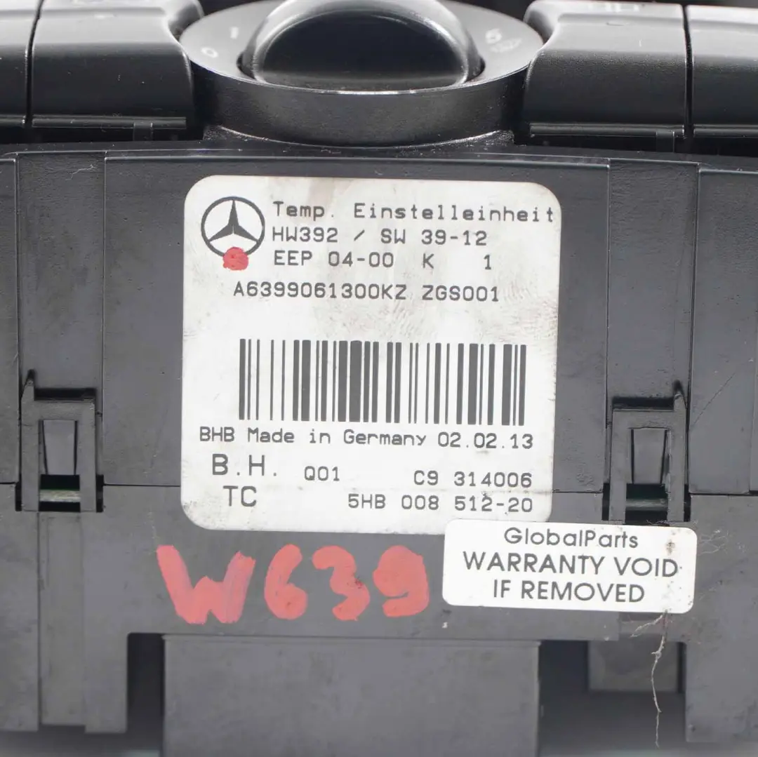 Mercedes Vito W639 Aria Condizionata Controllo Pannello Interruttore - SKU A6399061300 - Numero di parte A6399061300