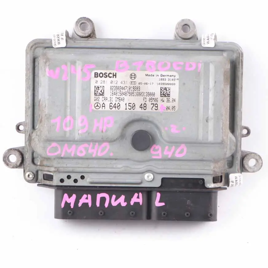 Mercedes W245 B 180 CDI OM640.940 109HP Engine Unit ECU Manual A6401504879