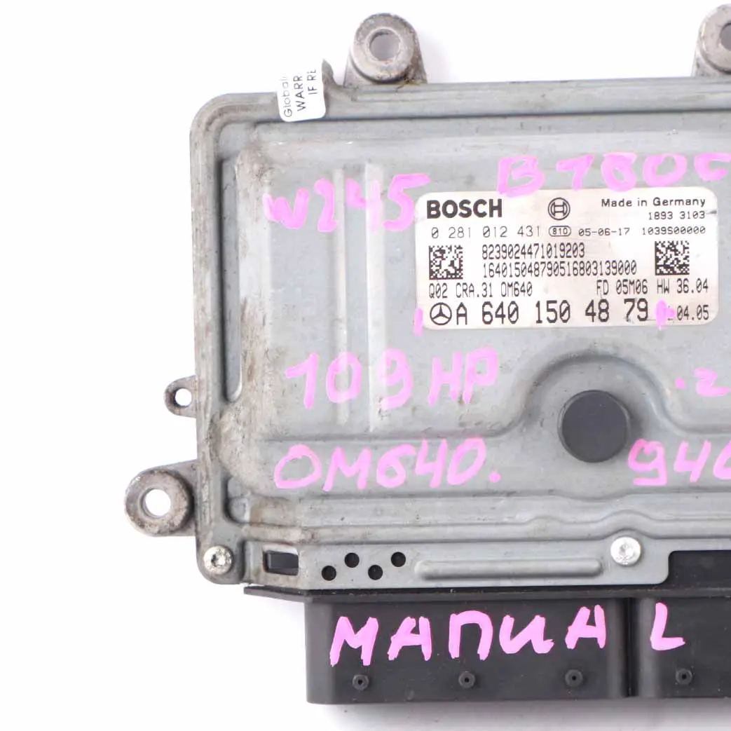 OM640.940 109HP Engine Unit ECU Manual to Mercedes W245 B 180 CDI with Part number A6401500534 Mercedes W245 B 180 CDI OM640.940 109HP Engine Unit ECU Manual - SKU A6401504879 - Part number A6401500534