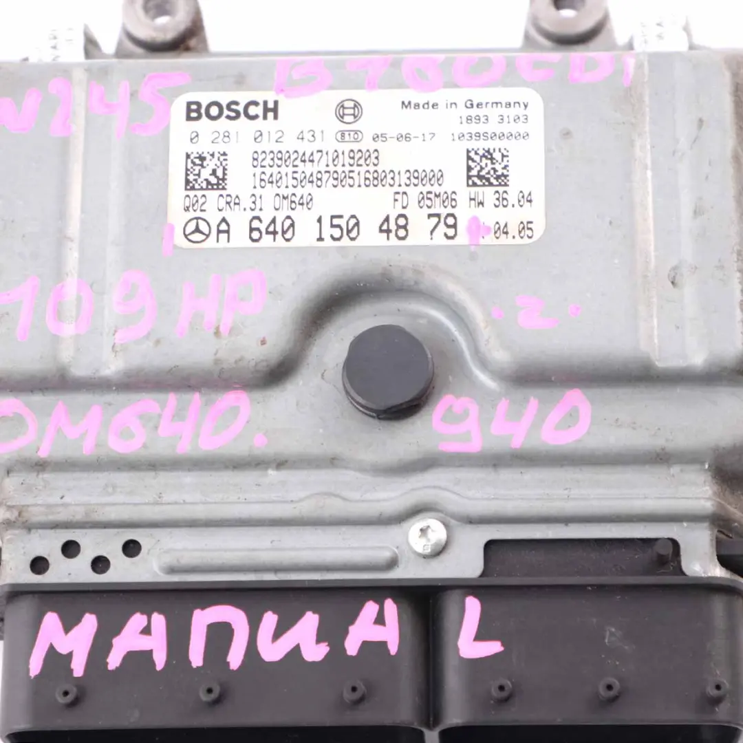 Mercedes W245 B 180 CDI OM640.940 109HP Engine Unit ECU Manual - SKU A6401504879 - Part number A6401500534