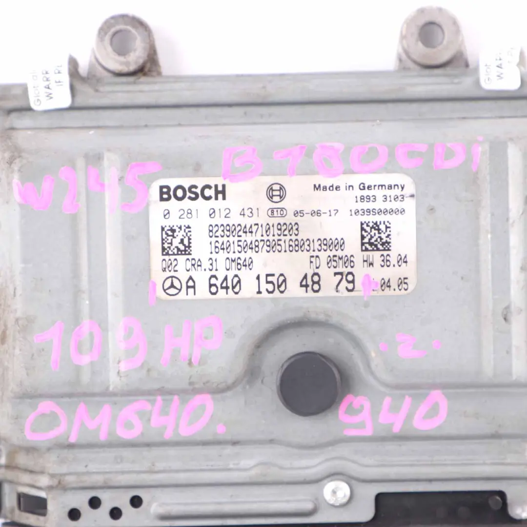 OM640.940 109HP Engine Unit ECU Manual to Mercedes W245 B 180 CDI with Part number A6401500534 Mercedes W245 B 180 CDI OM640.940 109HP Engine Unit ECU Manual - SKU A6401504879 - Part number A6401500534